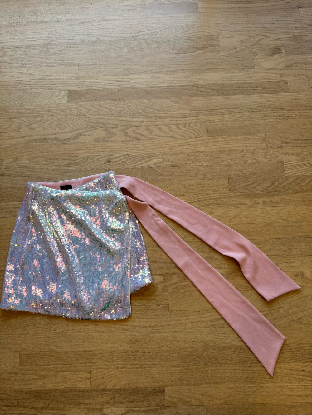 NBD Iridescent Sequin Mini Skirt with Pink Sash